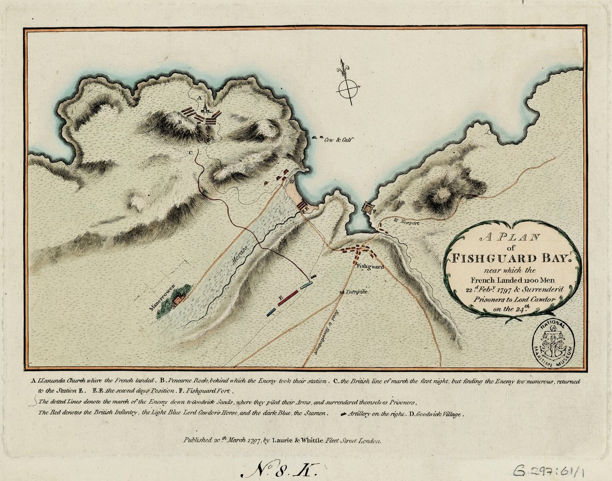 Plano de la bahía de Fishguard, cerca de la cual los franceses desembarcaron 1200 hombres el 22 de febrero de 1797 y entregaron prisioneros a Lord Cawdor el 24. de James and Laurie Robert (1755 1836) Whittle