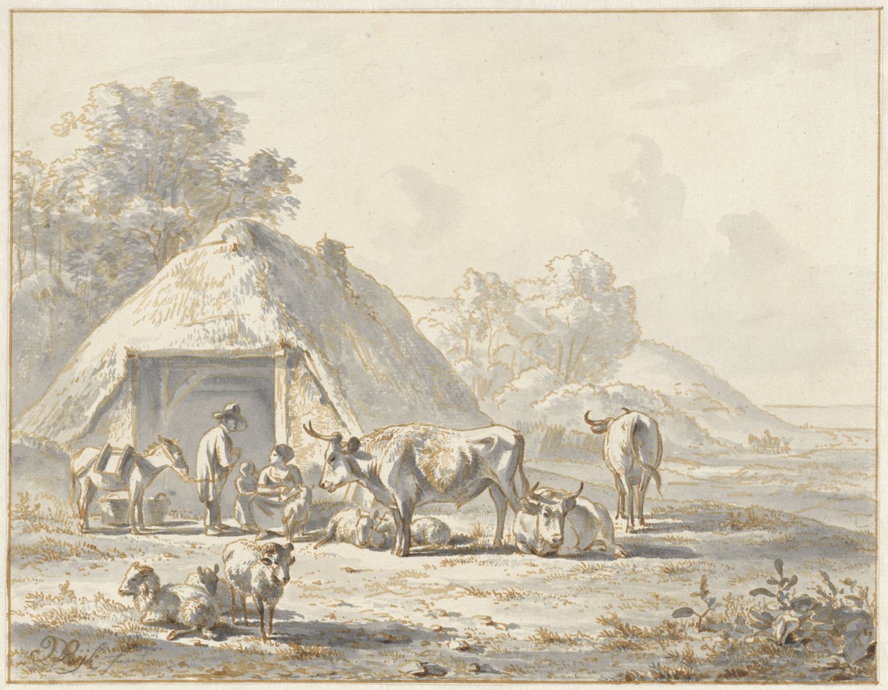 Ganado y figuras delante de un granero de James de Rijk