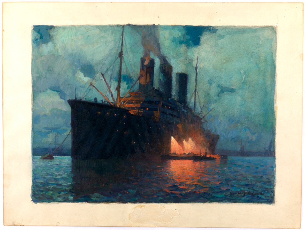 Coaling a Transport at Night, c.1919 (óleo sobre cartón) de James de Vine Aylward