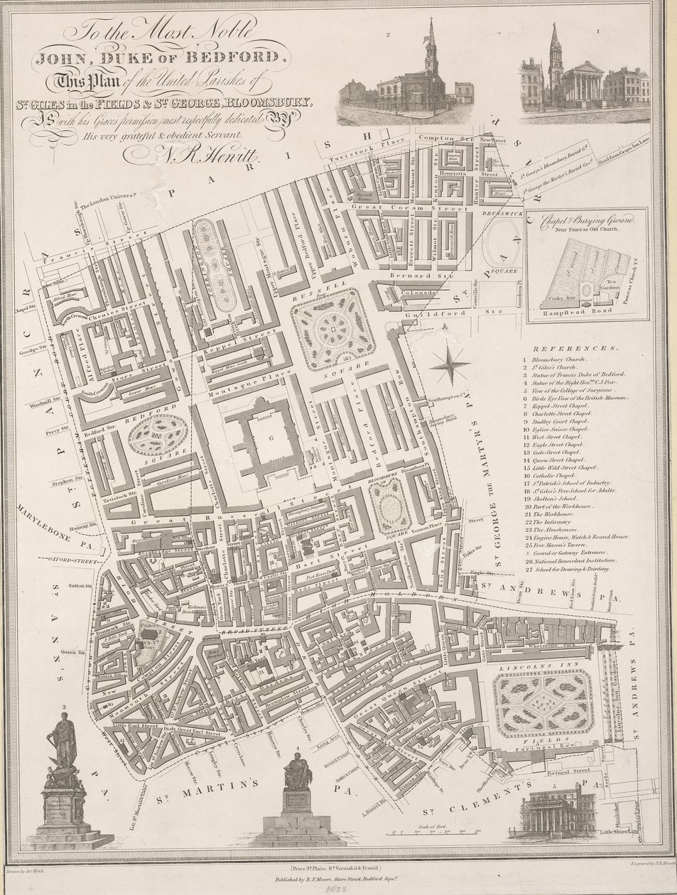 Al muy noble John, Duque de Bedford. Este plano de las parroquias unidas de St. Giles in the Fields  St. George, Bloomsbury de James the Elder Wyld