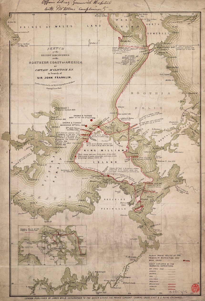 Boceto de los descubrimientos en la costa norte de América por el capitán McClintock RN en busca de Sir John Franklin, c.1859 (grabado coloreado) de James the Younger Wyld