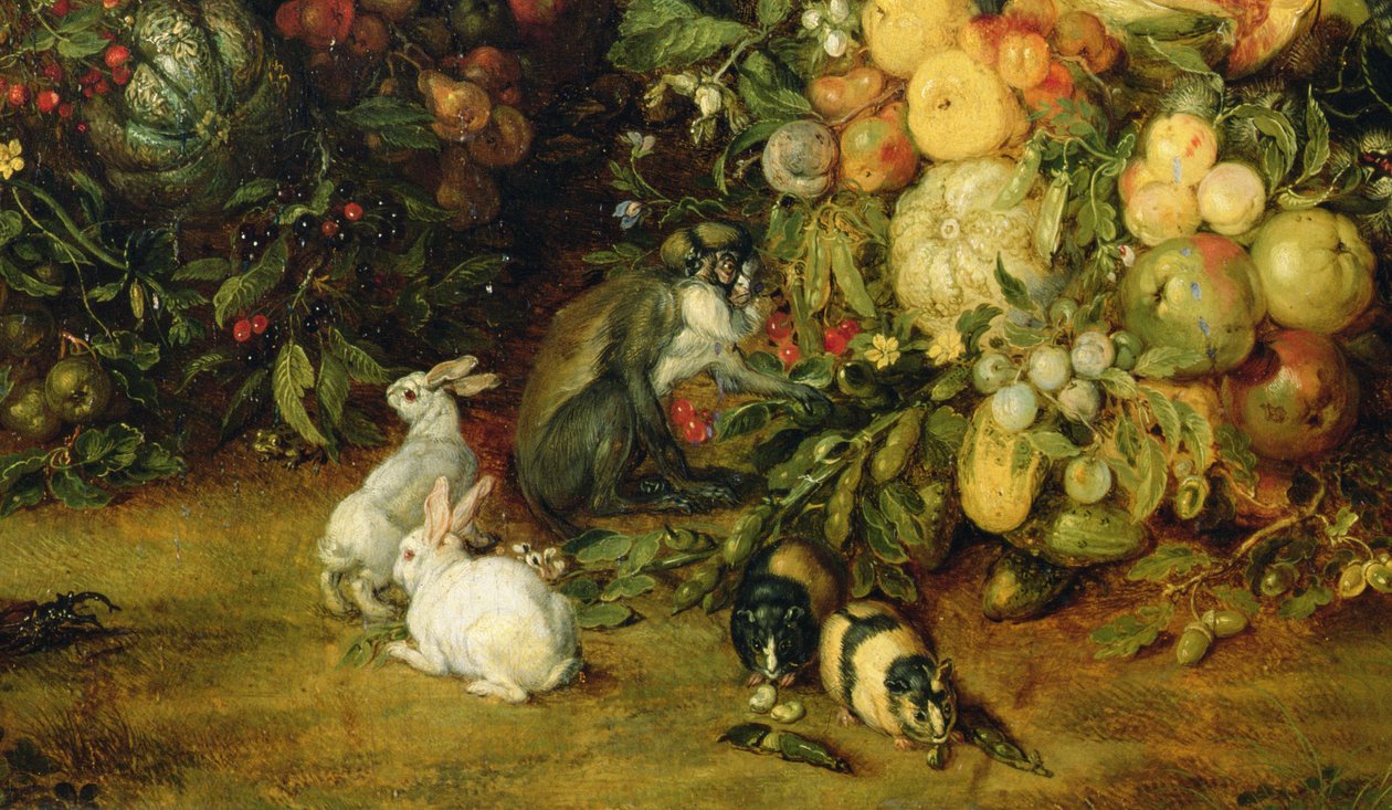 La Virgen y el niño en una guirnalda de frutas y flores, detalle de animales, c.1614-18 (detalle) de Jan and Rubens, P.P. Brueghel