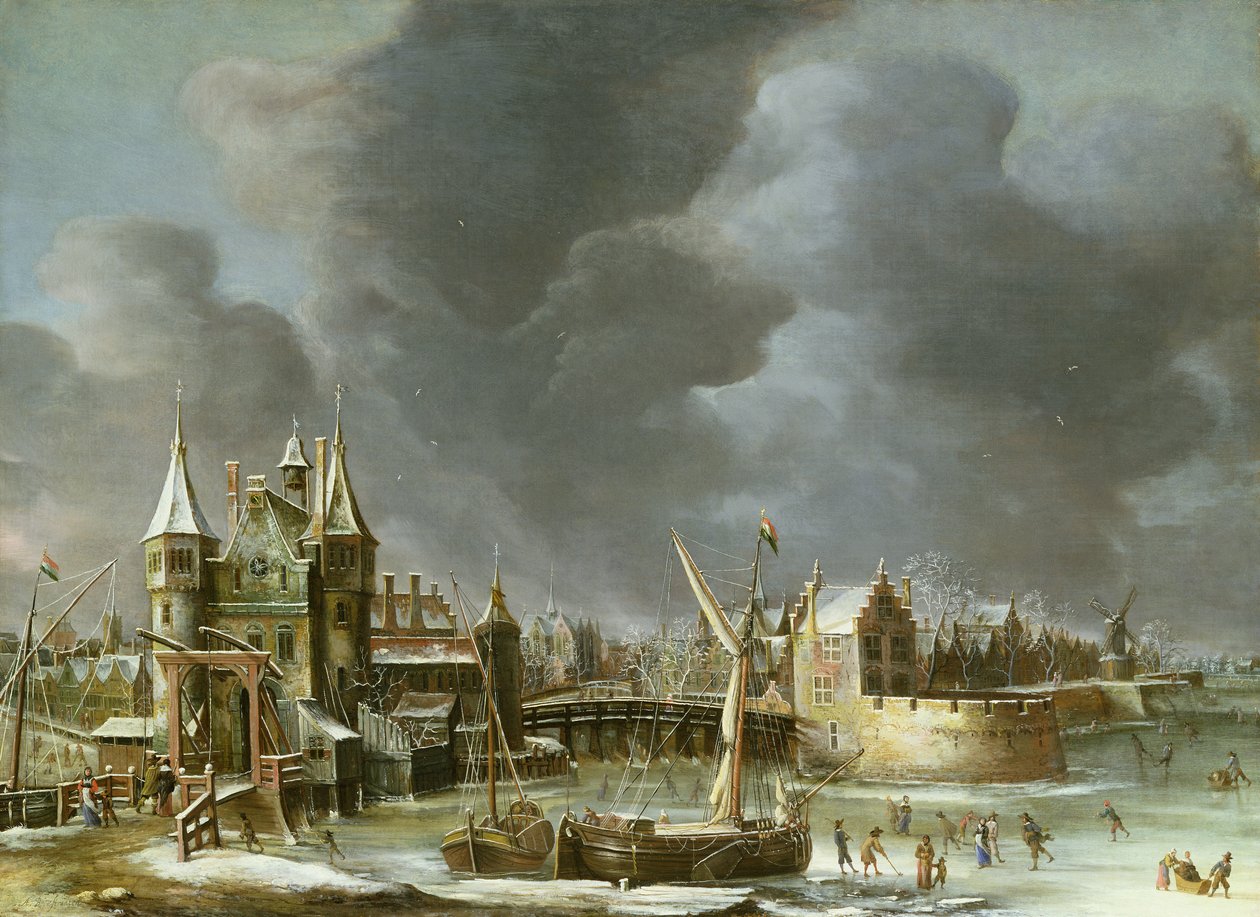 Vista de la Regulierspoort, Ámsterdam, en invierno de Jan Abrahamsz. Beerstraten