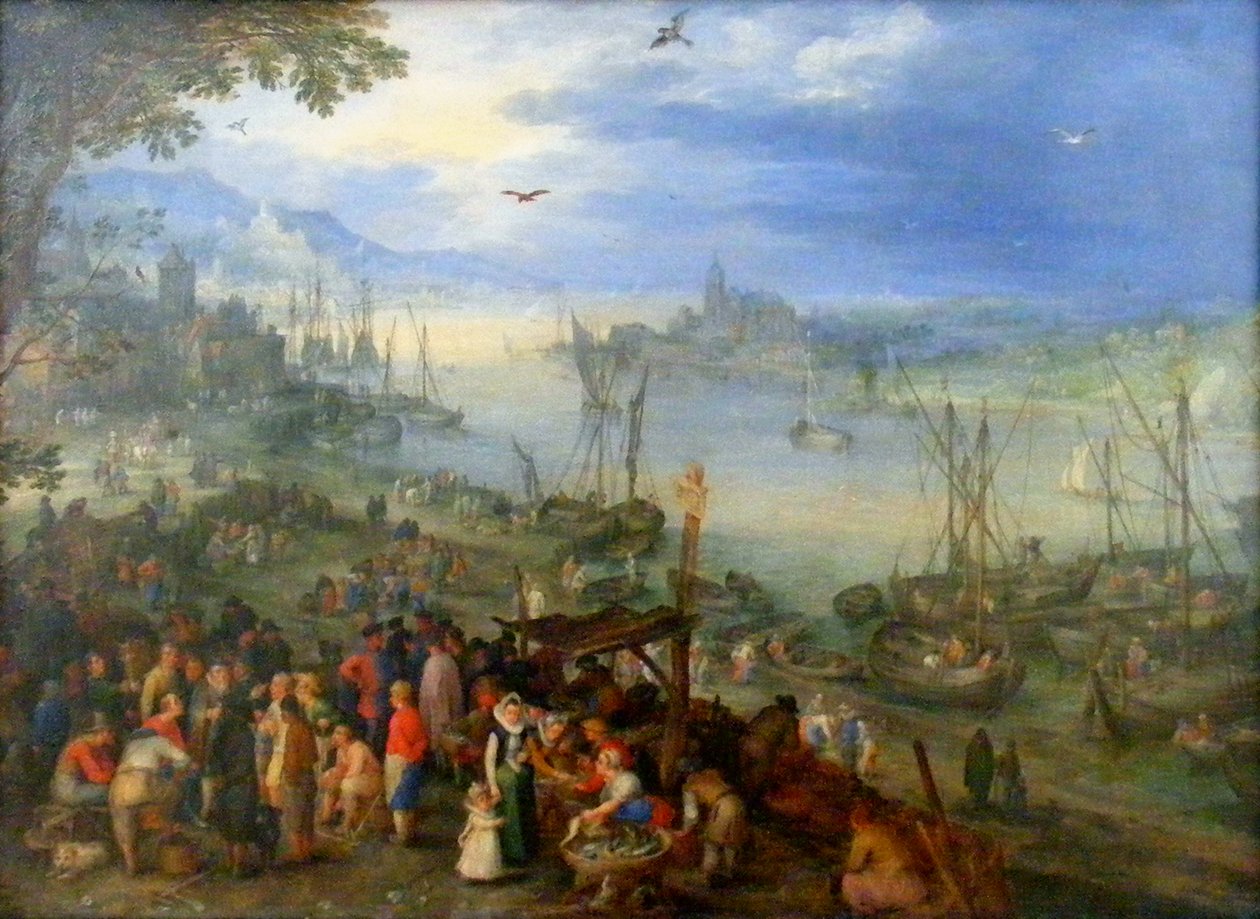 Mercado de pescado en la orilla de un río de Jan the Elder Brueghel