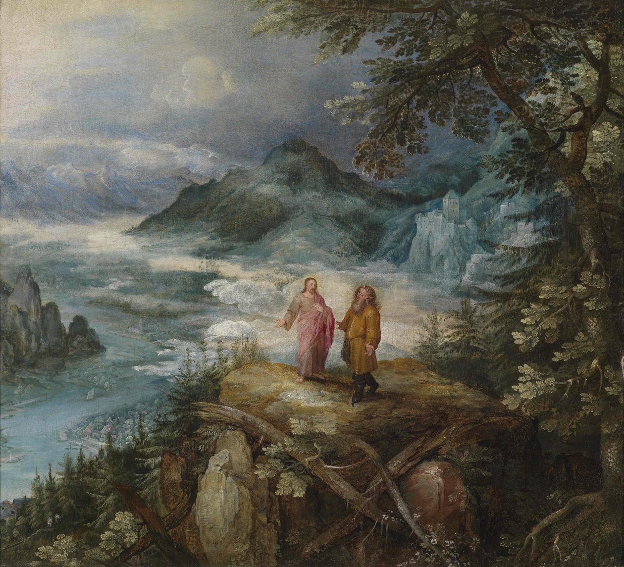 Amplio paisaje montañoso con la tentación de Cristo de Jan the Elder Brueghel