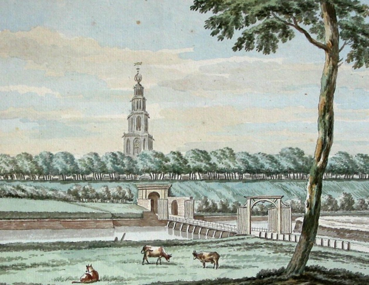 Exterior de la Puerta Este y el puente de la Puerta Este con la muralla de la ciudad de Groningen de Jan Bulthuis