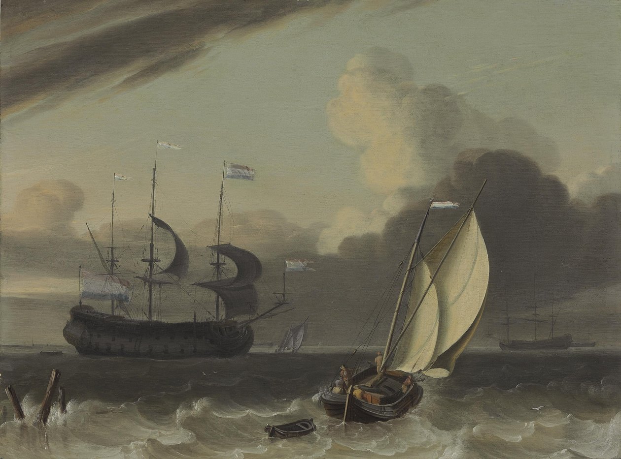 Un mercante holandés y una barca de vela en la brisa de Jan Claesz Rietschoof