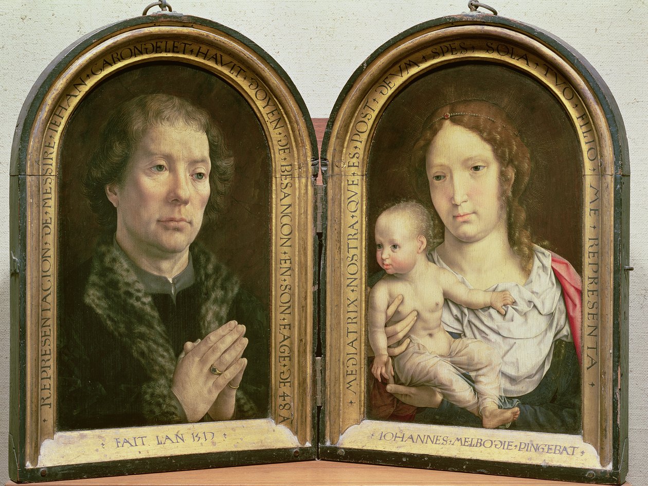 El Díptico de Carondelet; (LtoR) Retrato de Jean Carondelet (1469-1545) Decano de la Iglesia de Besançon y consejero de Carlos V; Madonna y Niño, 1517 de Jan Gossaert