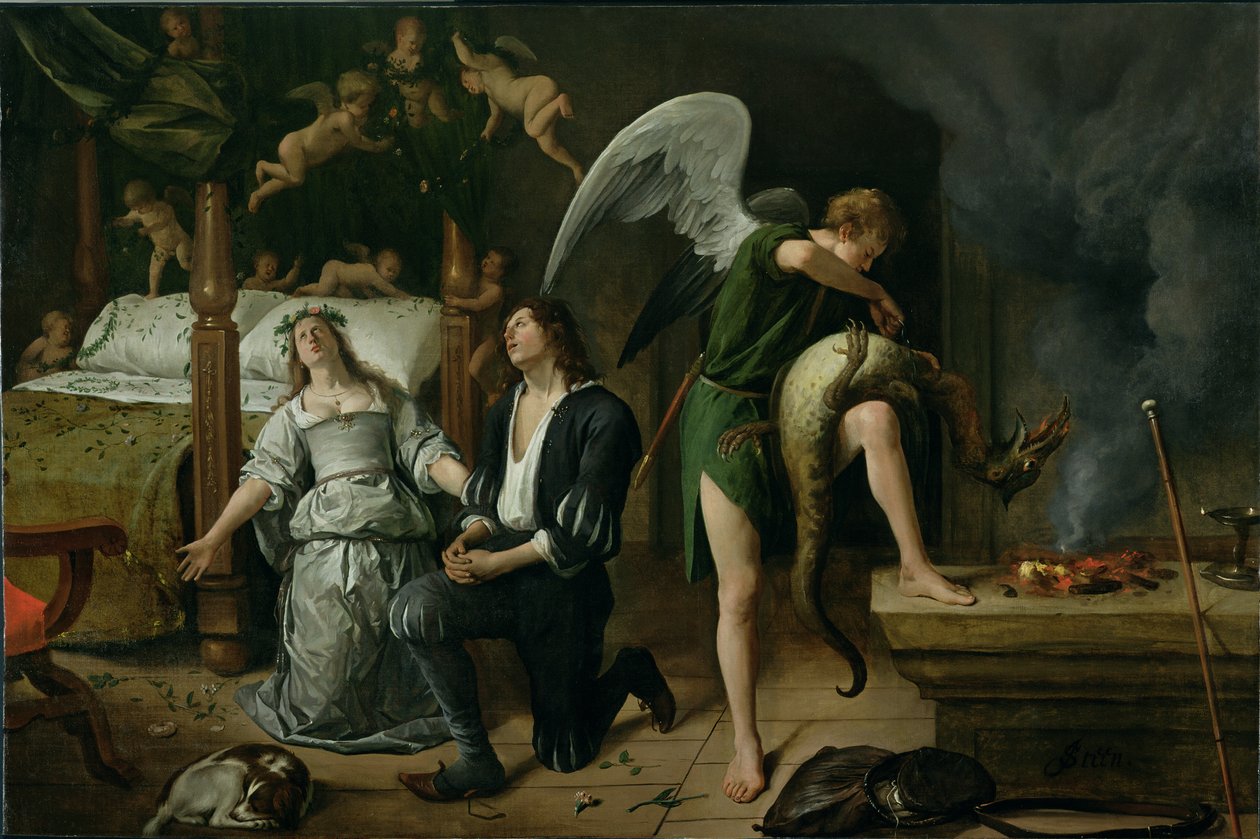 Tobías y Sara con el Arcángel Rafael exorcizando al demonio Asmodeo, versión restaurada reensamblada de dos fragmentos separados de Jan Havickszoon Steen