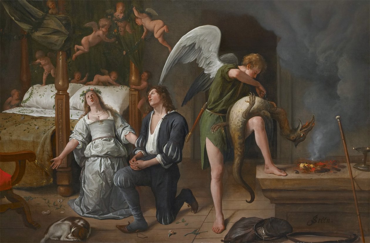 Tobías y Sara rezan mientras Rafael ata al demonio de Jan Havickszoon Steen