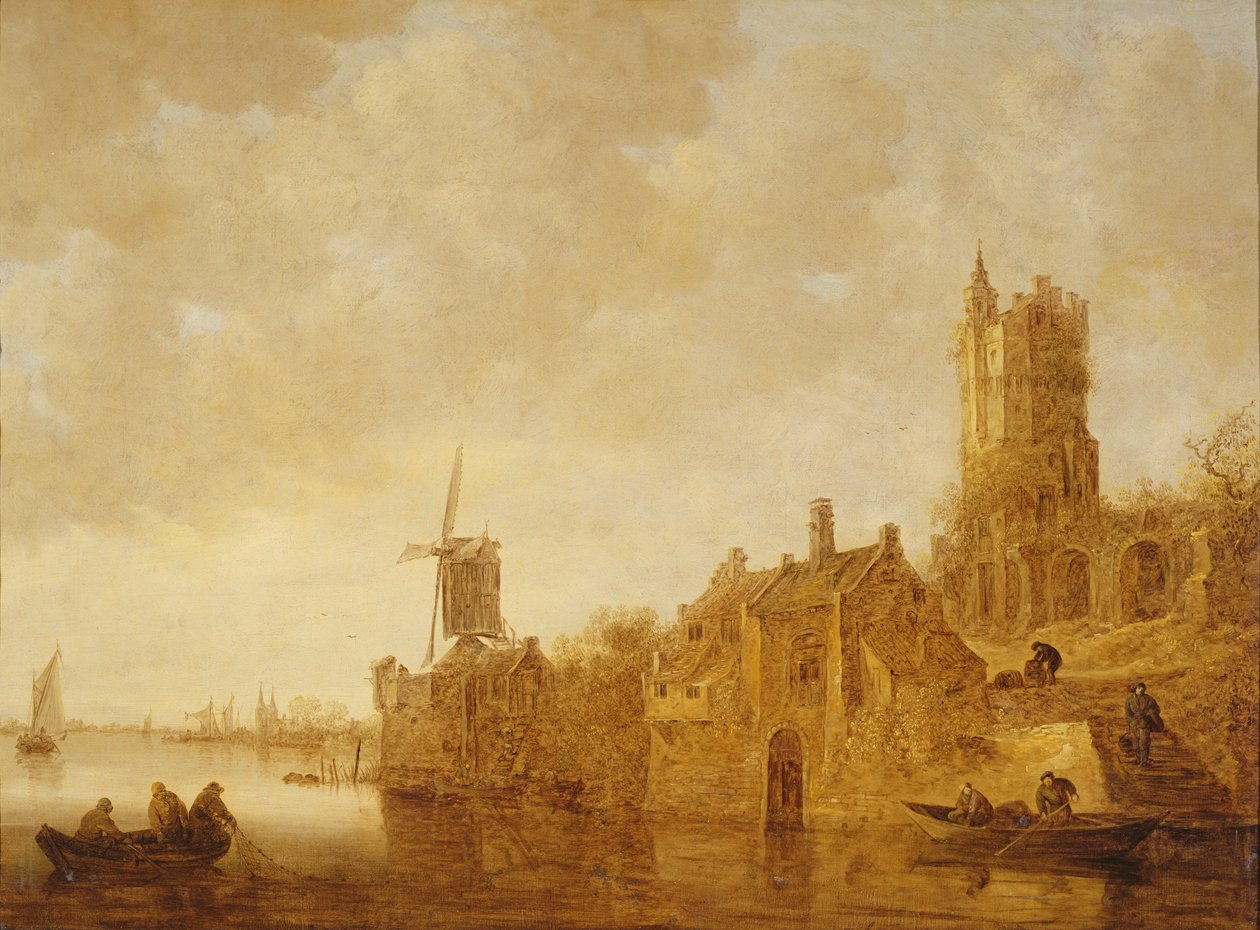 Paisaje fluvial con molino de viento y ruinas de castillo, 1644 de Jan Josephsz van Goyen