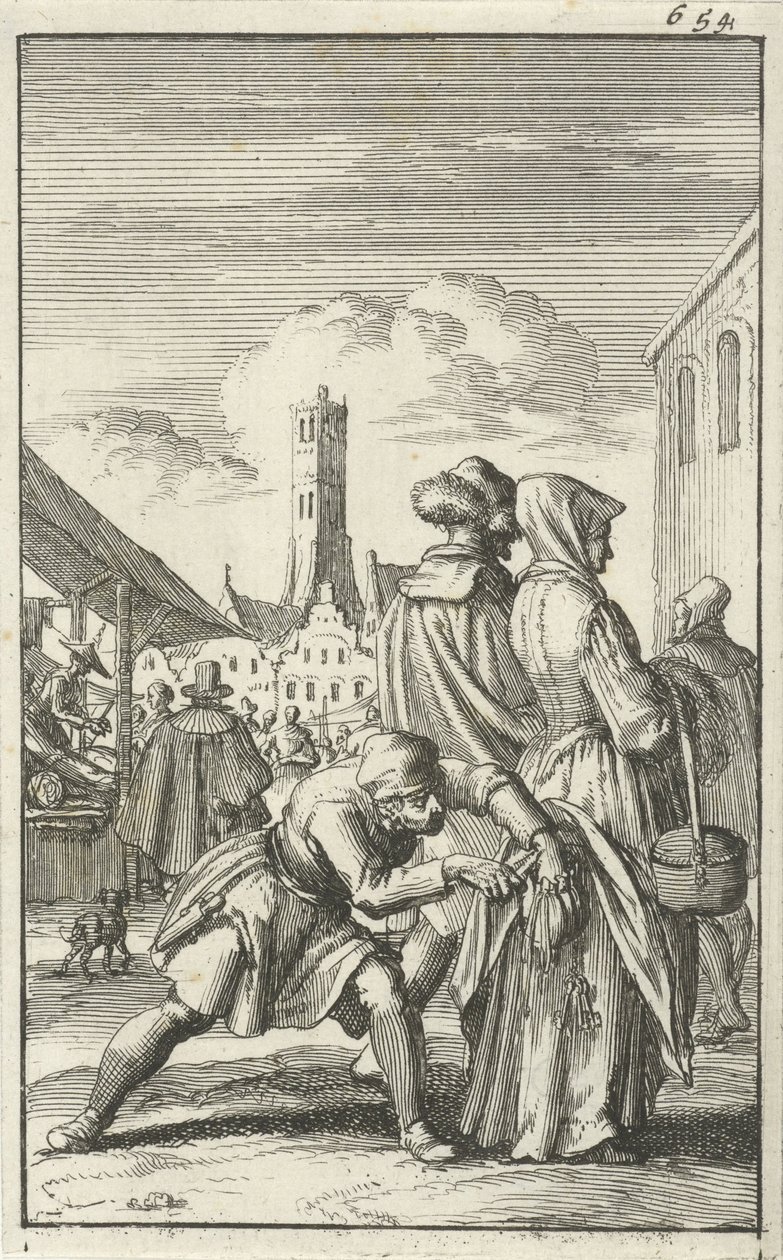 Mujer en un mercado siendo robada de su bolso, 1685 de Jan Luyken