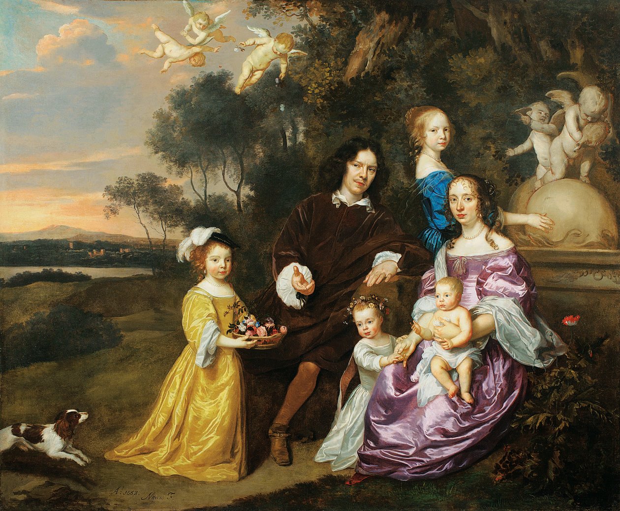 Retrato de un grupo familiar junto a una fuente ornamental en un paisaje pastoral, 1663 de Jan Mytens or Mijtens