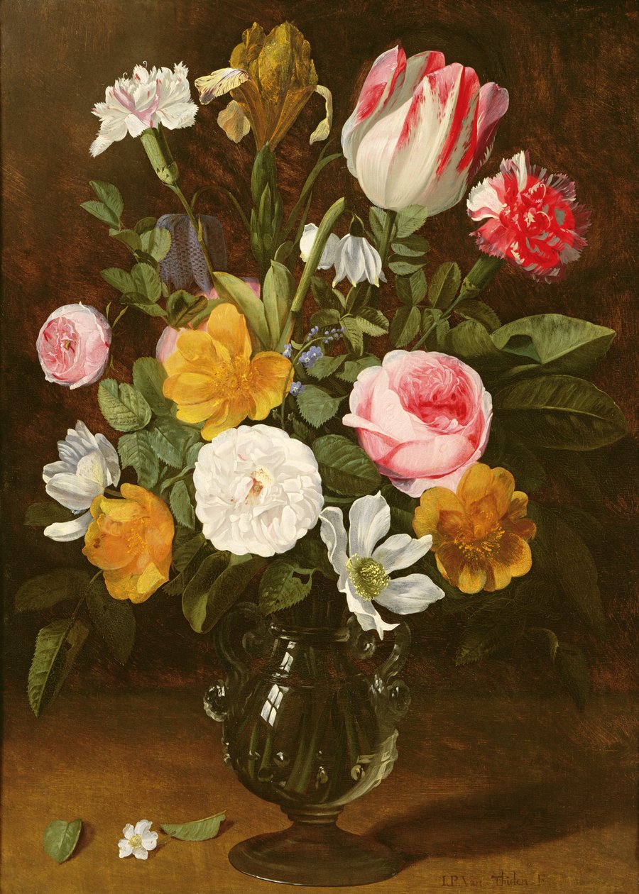 Naturaleza muerta de flores en un jarrón de vidrio de Jan Philip van Thielen