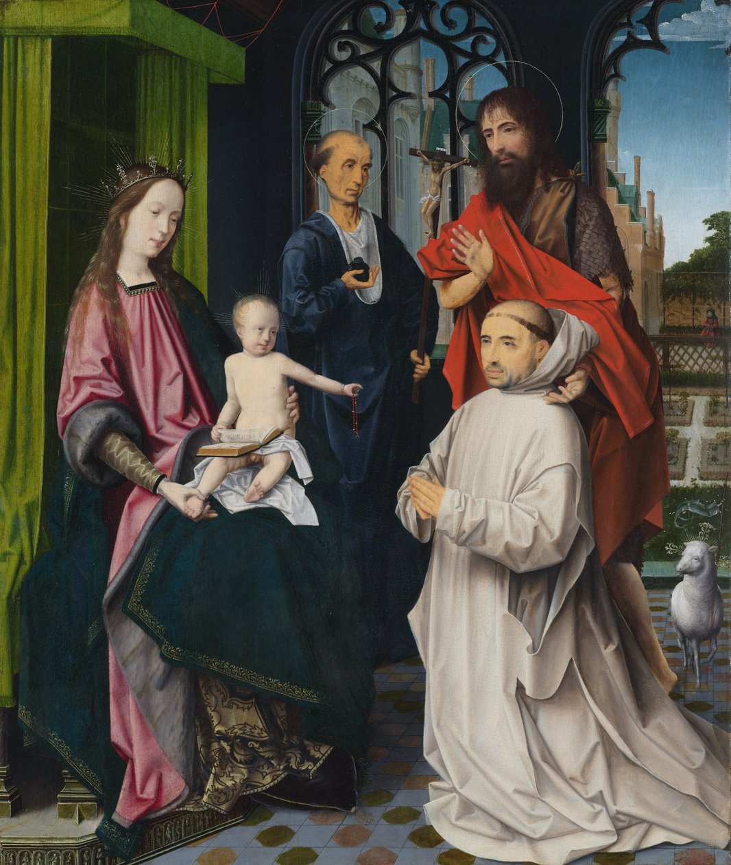 La Virgen y el Niño entronizados, con San Jerónimo y San Juan Bautista y un monje cartujo arrodillado de Jan Provoost