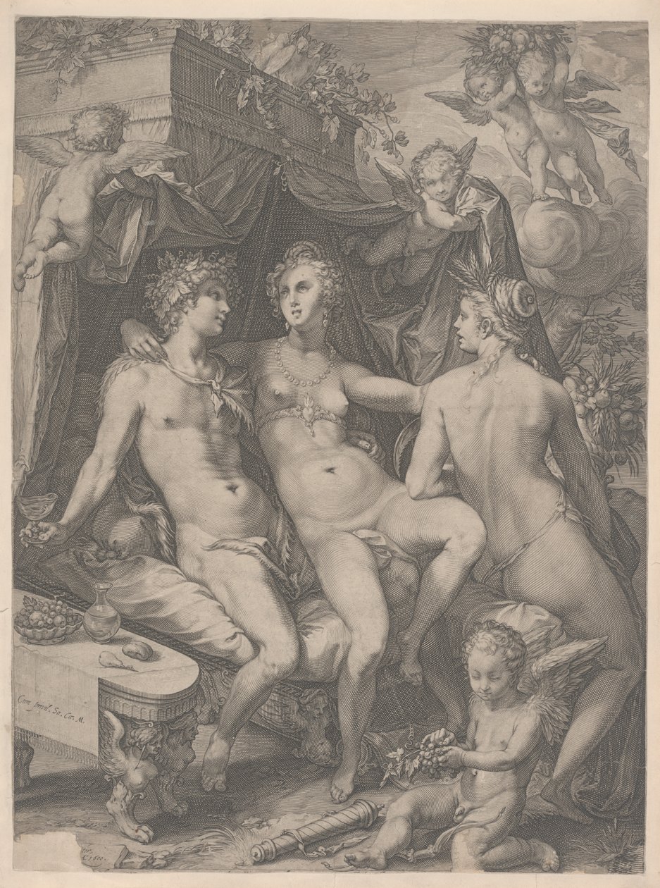 Venus sentada en una cama entre Baco y Ceres, 1600 de Jan Saenredam
