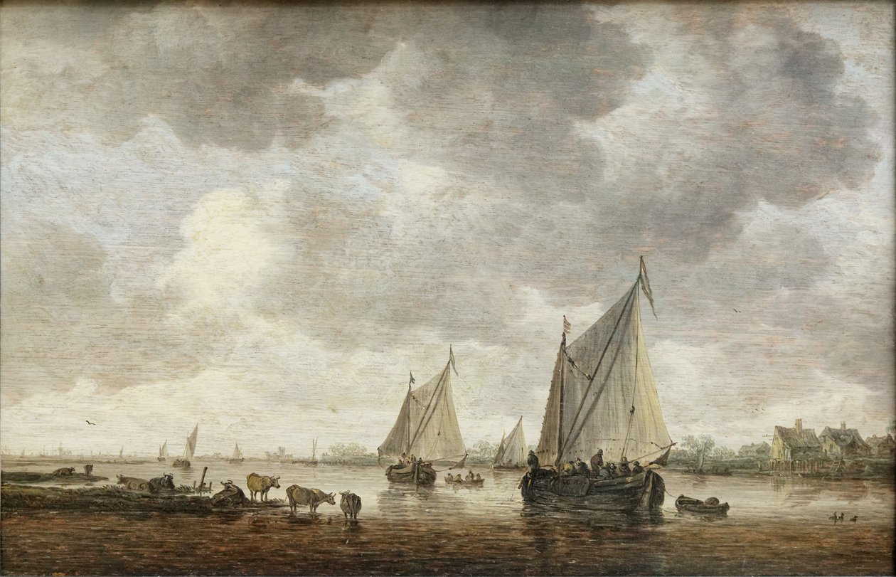 Dos grandes barcas de vela en un río y ganado cerca de la orilla de Jan Josephsz van Goyen