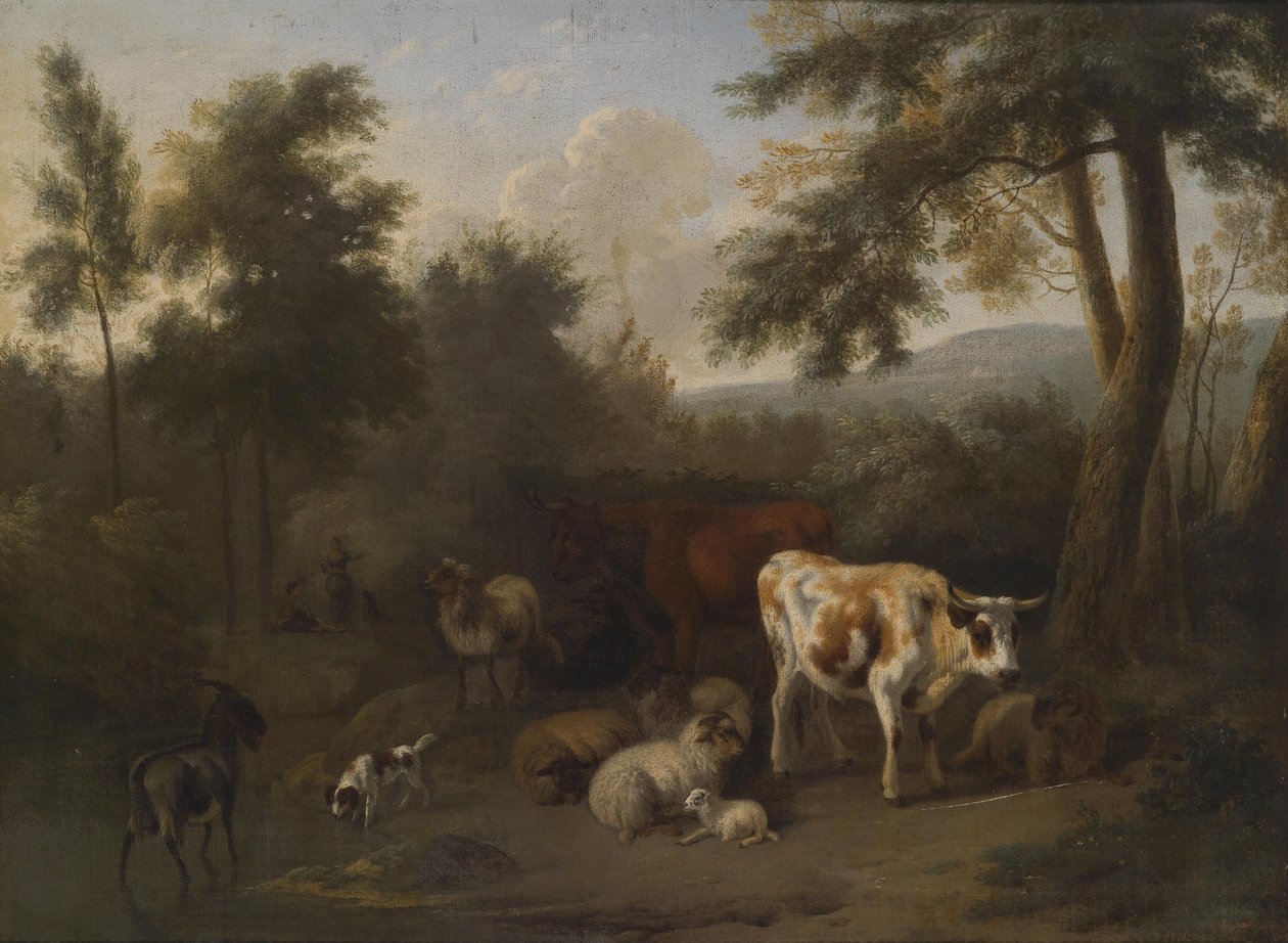 Paisaje boscoso con ganado y pastores acampando de Jan Vermeer van Haarlem