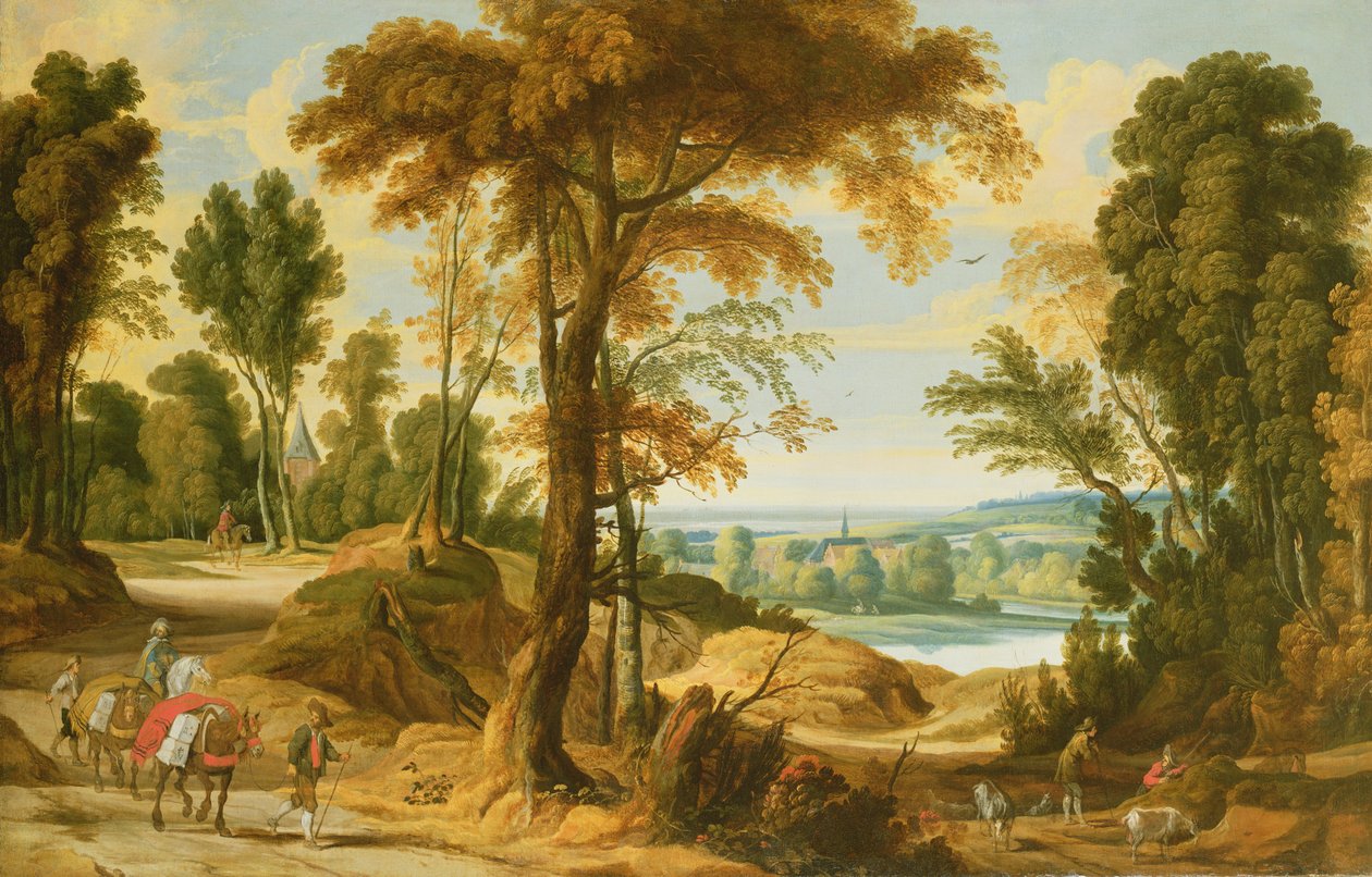 Paisaje fluvial boscoso con figuras en un camino de Jan Wildens