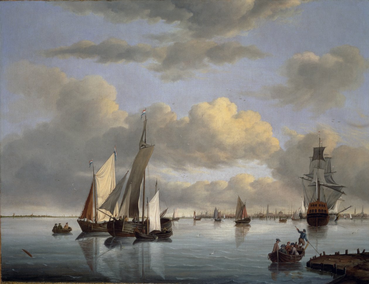 Embarcaciones en el Ijsselmeer con Ámsterdam en la distancia de Jan Wubbels