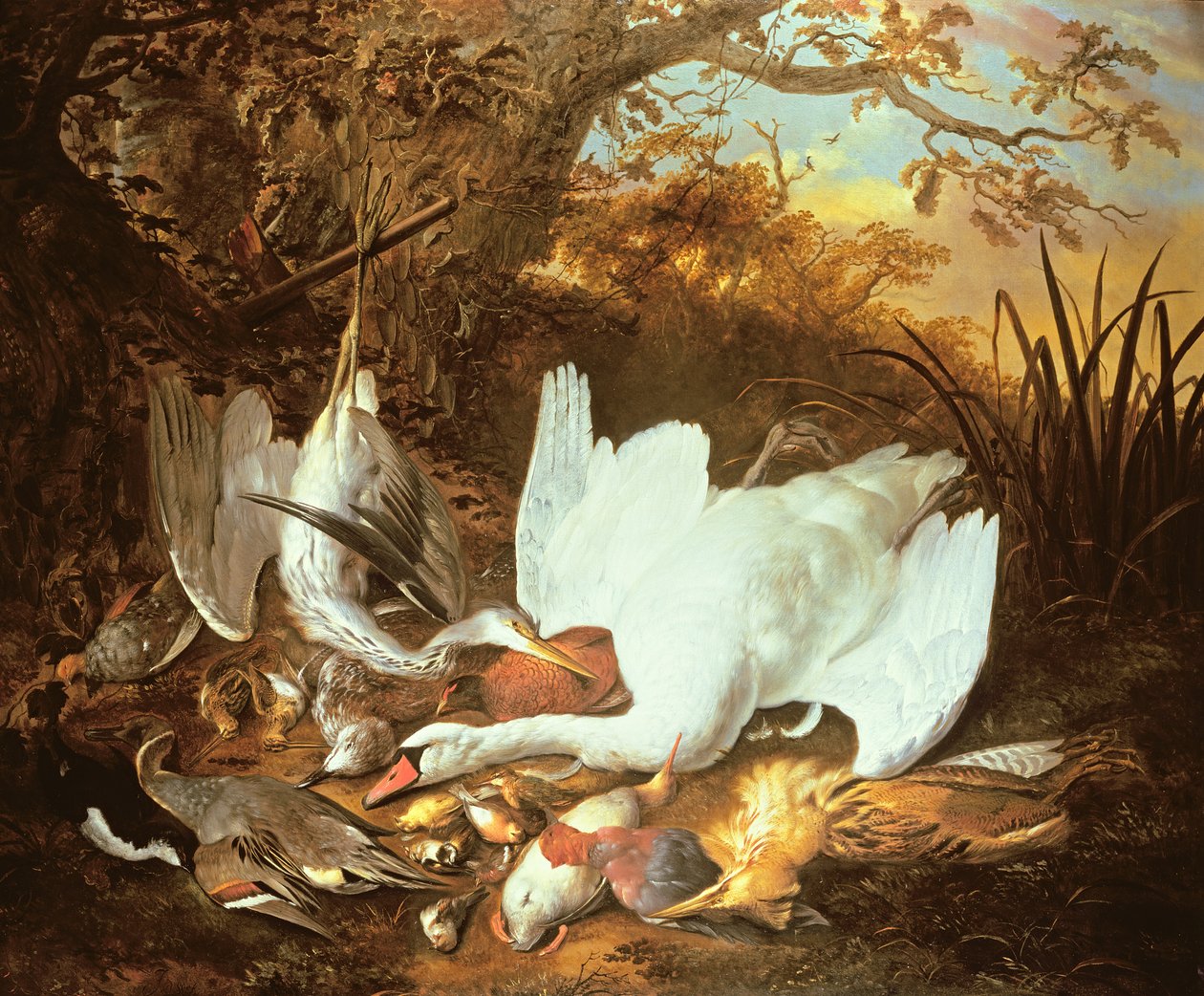 Naturaleza Muerta de Cisne y Caza en un Paisaje de Jan de Wit