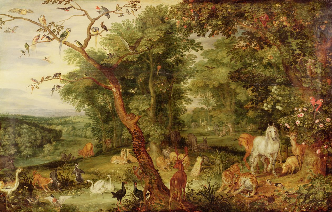 El Jardín del Edén; en el fondo La Tentación de Jan the Elder Brueghel
