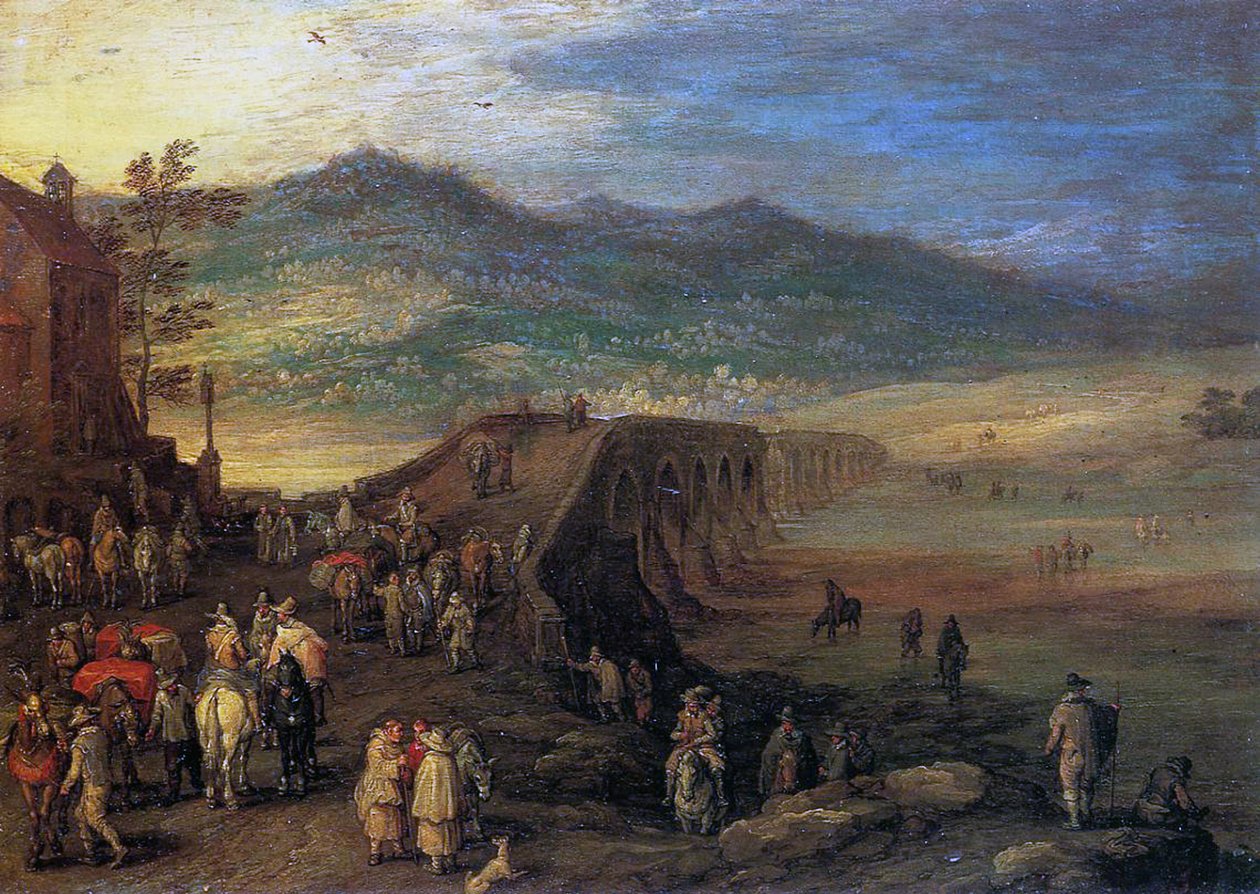 Viajeros en el puente de Talavera, 1610 de Jan the Elder Brueghel