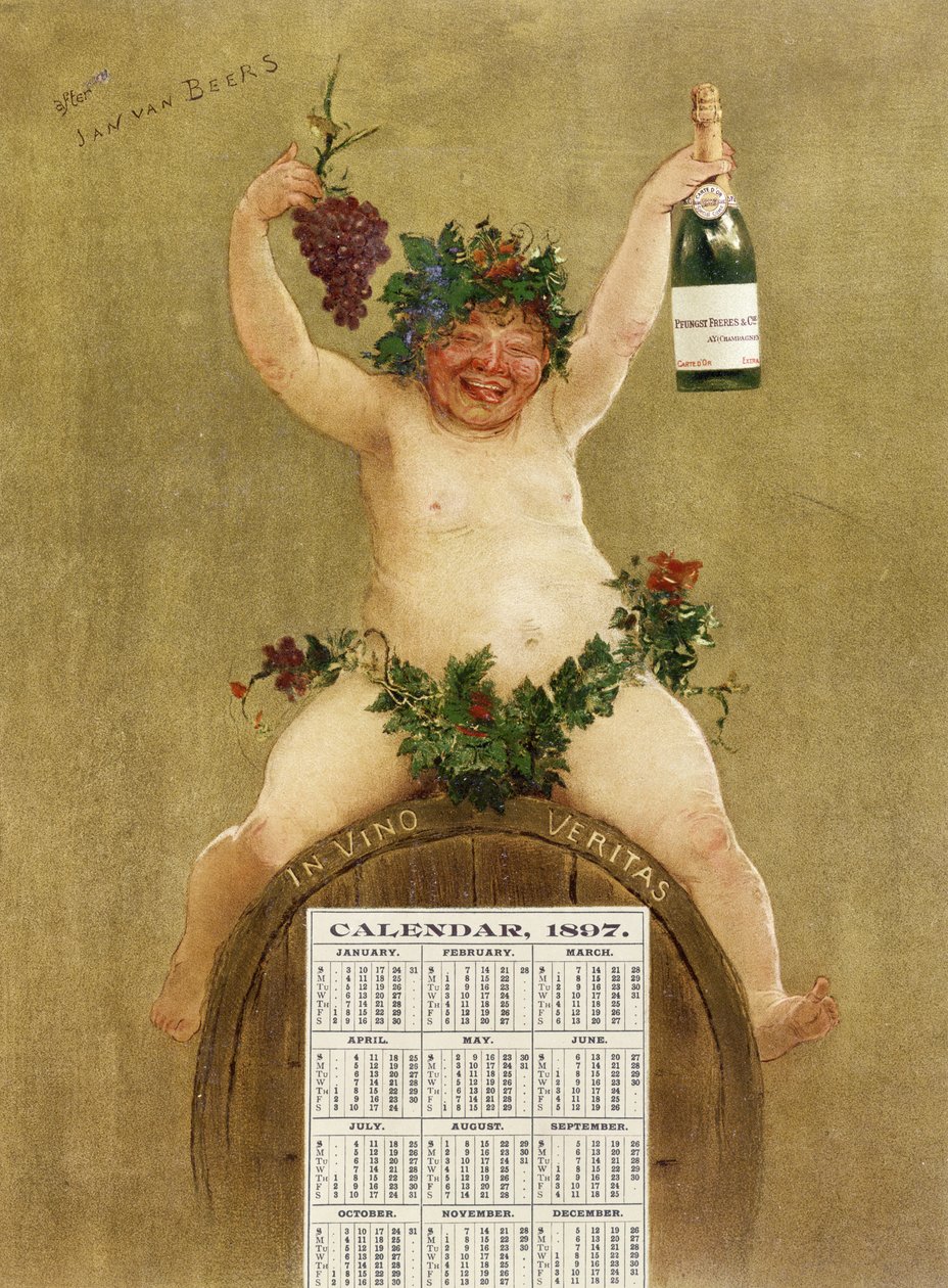 Calendario promocional para el champán Pfungst Freres, ilustrando a Baco sentado en un barril con la leyenda 