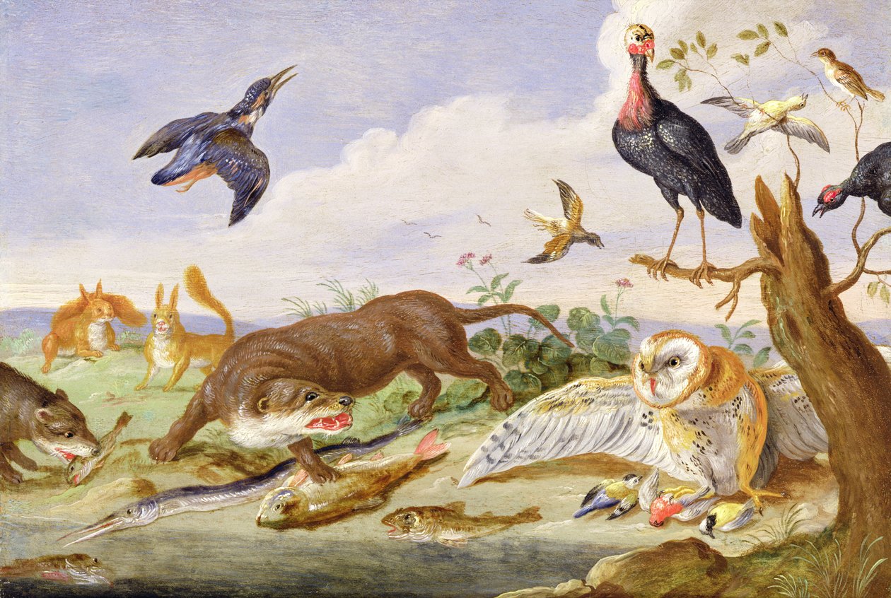 Una nutria y un búho cuidando sus capturas de Jan van Kessel the Elder