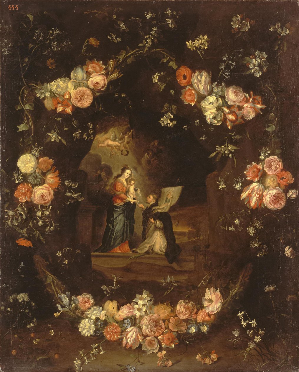 Madonna con el Niño y San Ildefonso enmarcados con una guirnalda de flores de Jan van Kessel the Elder