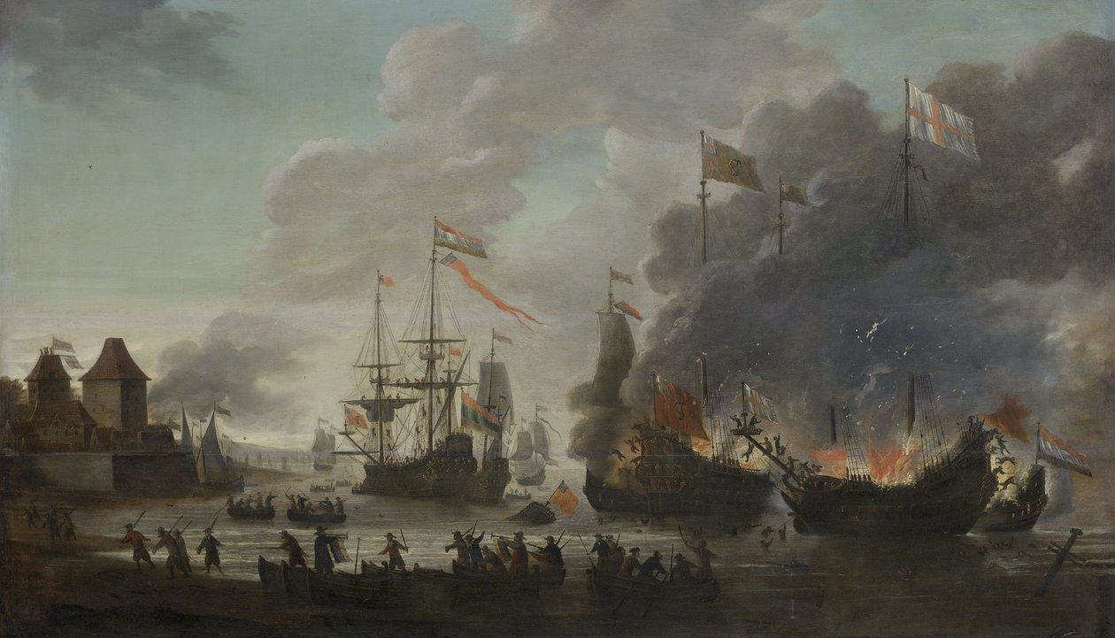 Los holandeses queman barcos ingleses durante la expedición a Chatham, 20 de junio de 1667 (Incursión en el Medway), c.1667 de Jan van Leyden