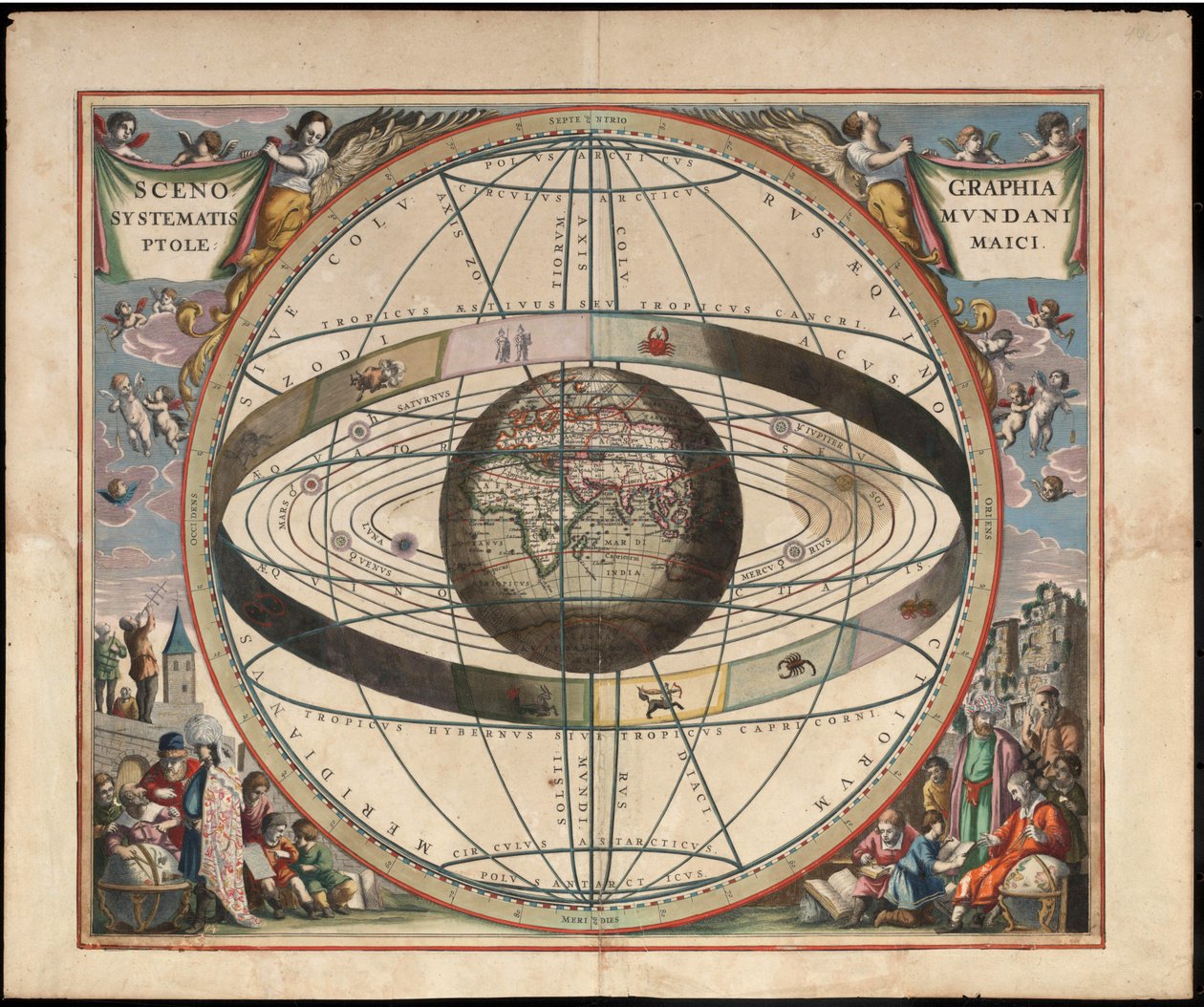 De Harmonia Macrocosmica de Andreas Cellarius, 1660/61. Gráfico que muestra los signos del zodíaco y el sistema solar con el mundo en el centro. Placa 2 de Jan van Loon  