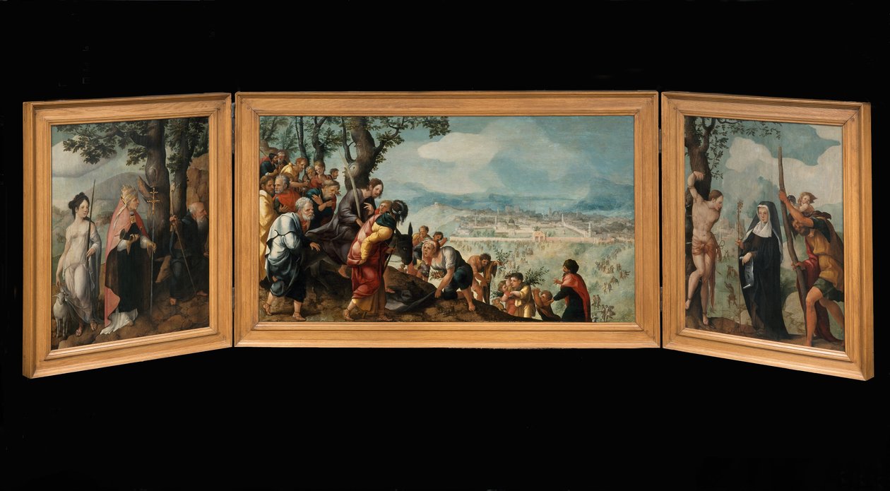 Tríptico con la entrada de Cristo en Jerusalén, santos y en el exterior de las alas, patrones de la familia Van Lokhorst de Jan van Scorel