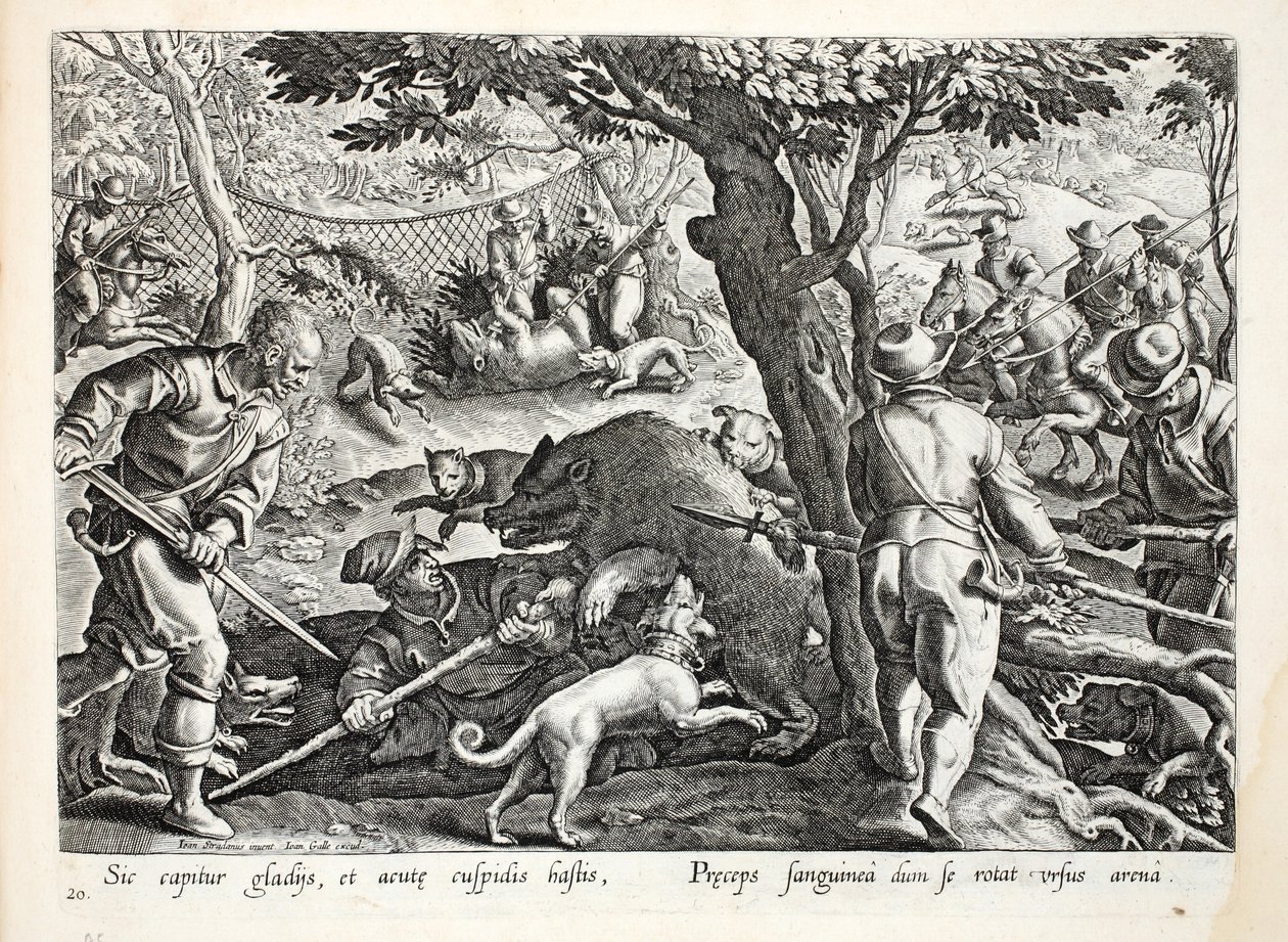 Caza de osos mostrando un oso peludo hundiendo sus garras afiladas en uno de los cazadores, ilustración de 