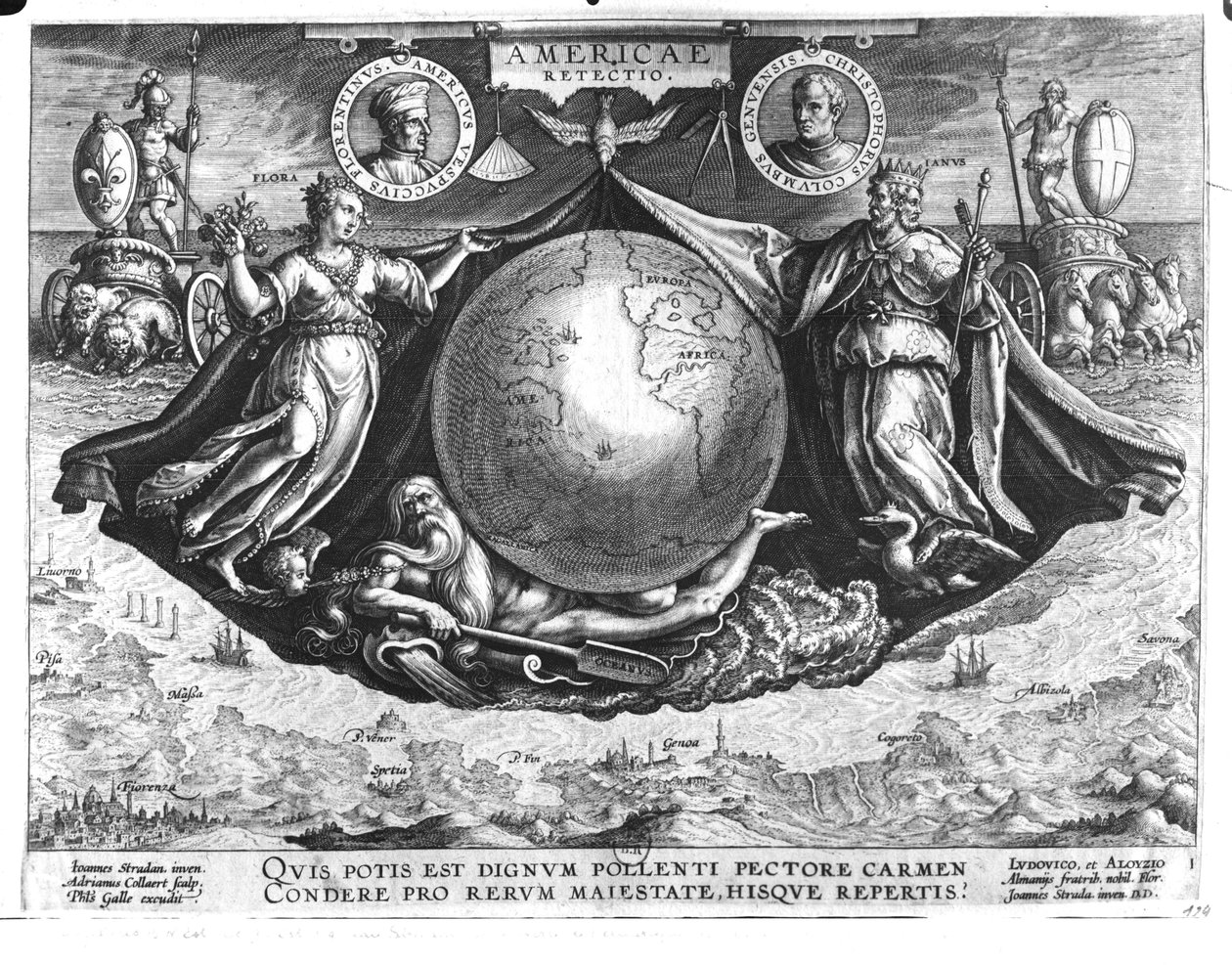 Descubrimiento de América con retratos de Américo Vespucio (1454-1512) y Cristóbal Colón (1451-1506) grabado por Jan Collaert (1566-1628) impreso por Philipp Galle (1537-1612) c.1600 de Jan van der Straet