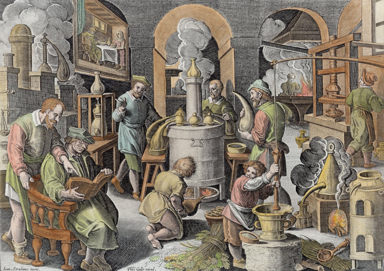 Destilación, hirviendo agua para purificarla, grabado por Philip Galle (1537-1612) de Jan van der Straet