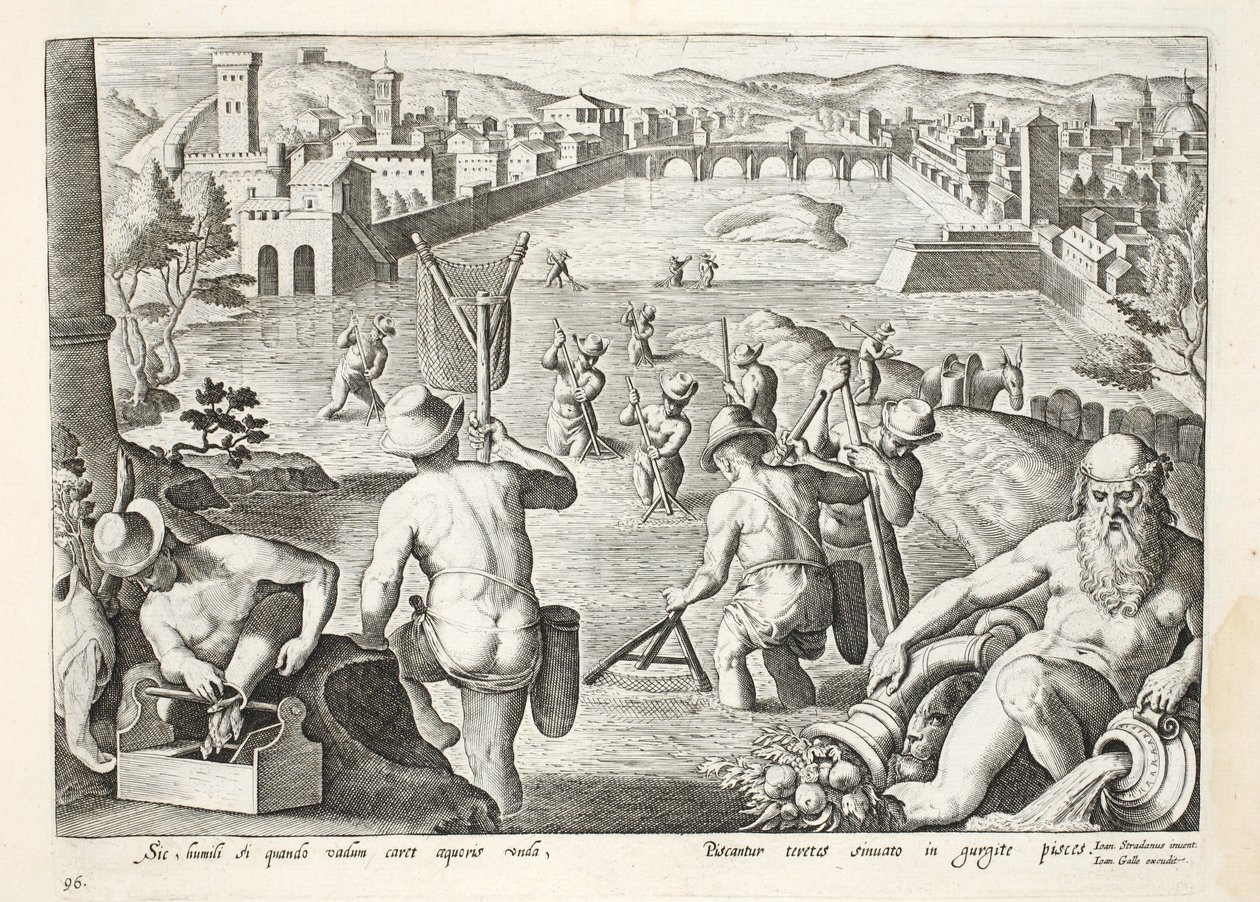 Pesca en aguas poco profundas usando redes, placa 96, ilustración de 