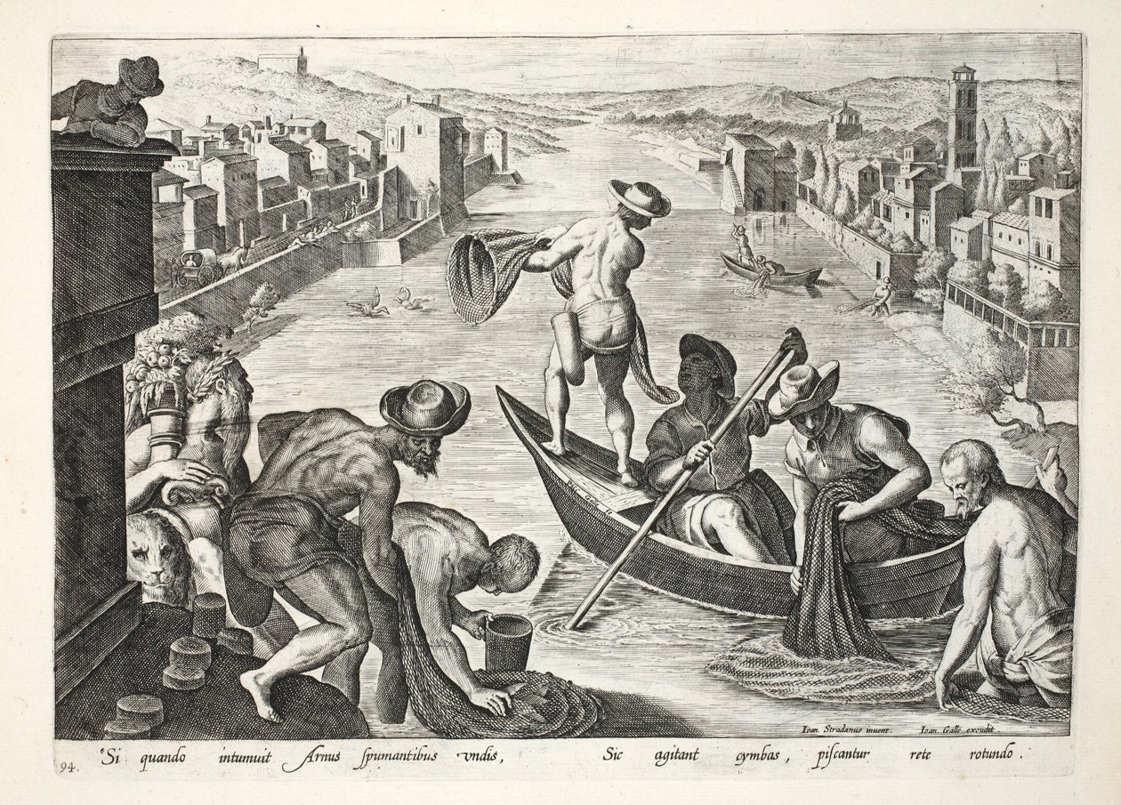 Pesca en el Arno usando botes y redes, ilustración de 