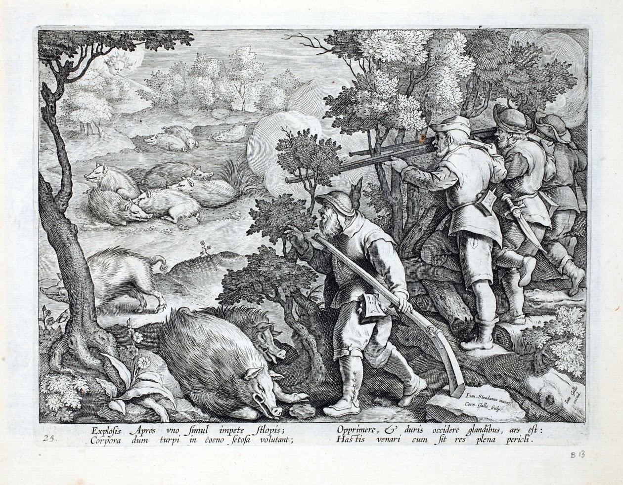 Cazadores usan armas para disparar a jabalíes, ilustración de 