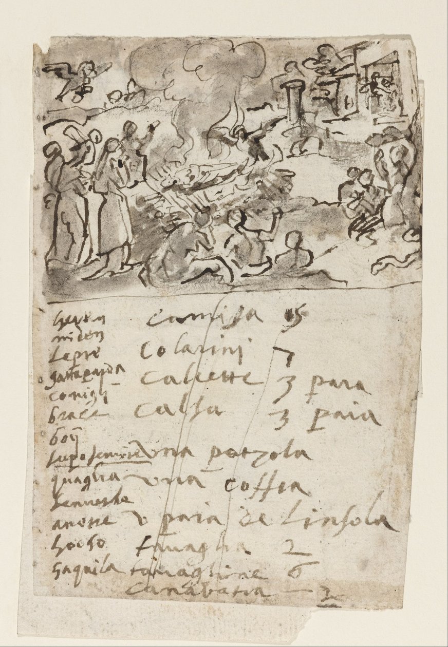 Página de un cuaderno de bocetos- Mostrando una escena de cremación de Jan van der Straet