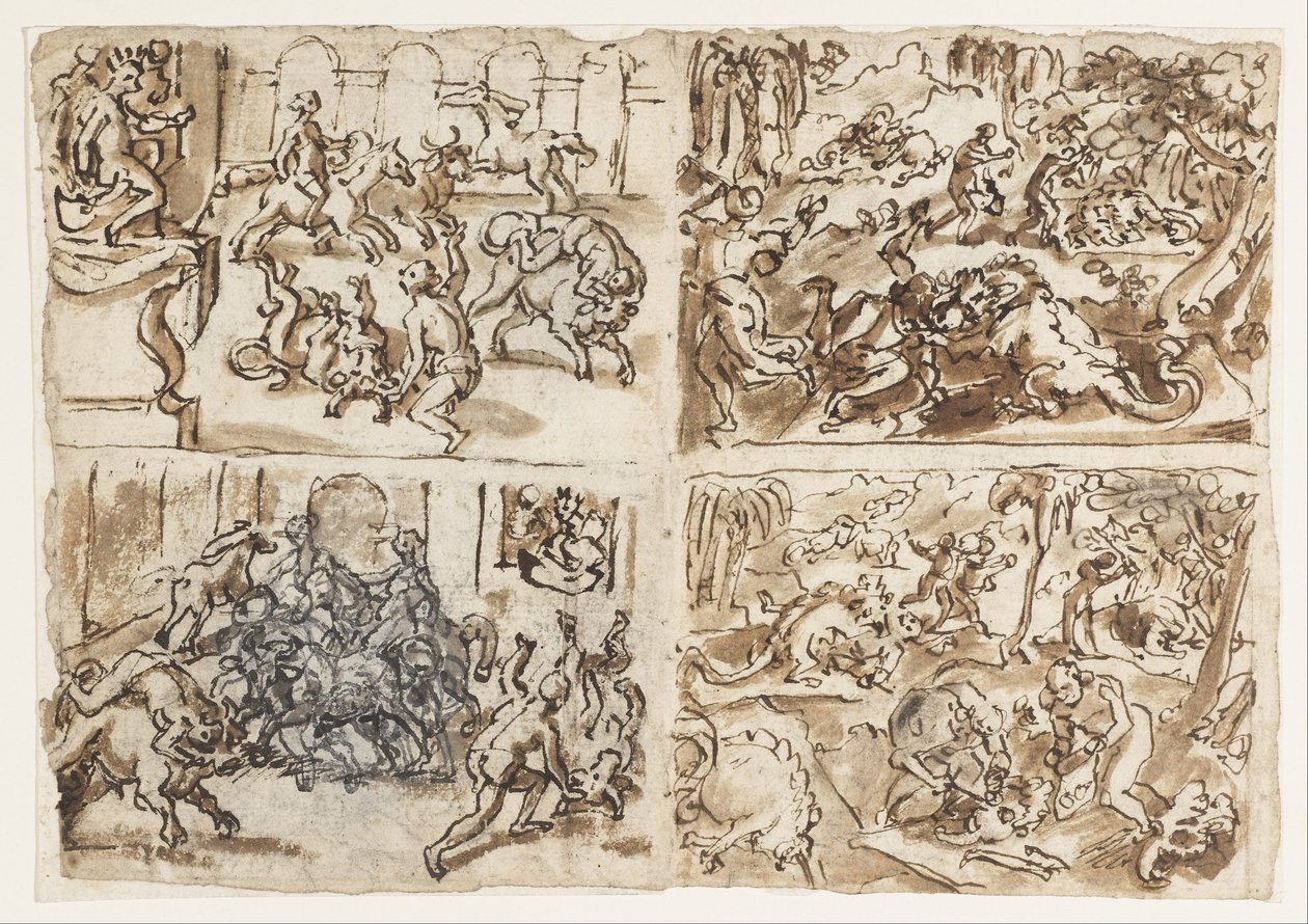 (Detalle) Página de título del recto de un cuaderno de bocetos que muestra cuatro escenas, incluyendo Tesalios luchando con toros, superior... de Jan van der Straet