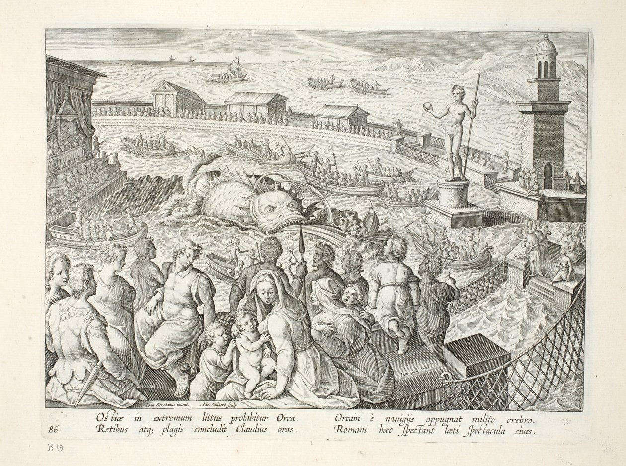 Monstruo marino atacando un barco durante un espectáculo en un recinto marino en Ostia, placa 85, ilustración de 