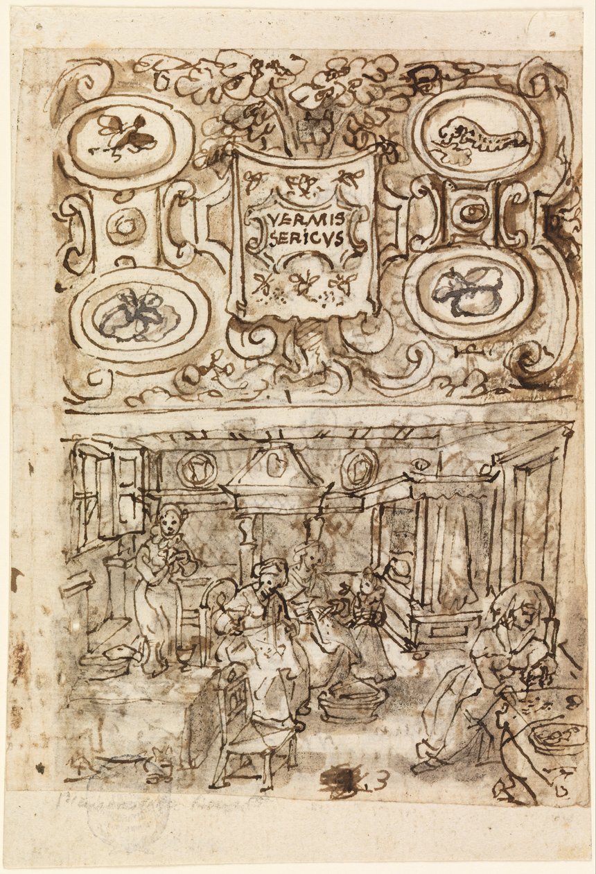 Página de título para la serie Sericultura (Vermis Sericus) de Jan van der Straet