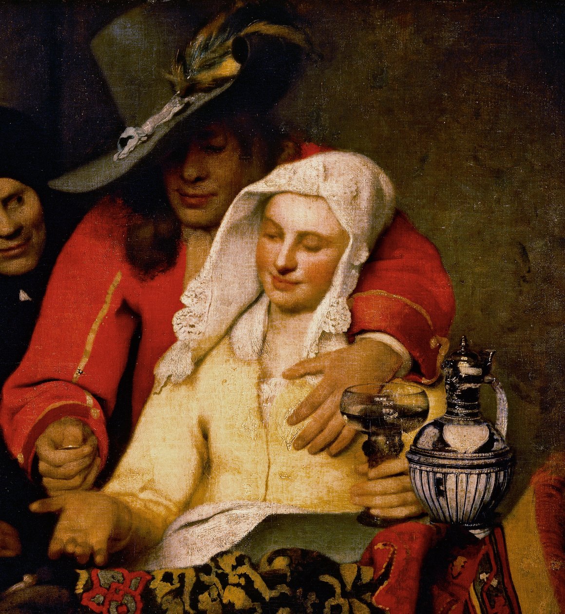 Un hombre ofrece una moneda a una mujer tocando su pecho (detalle) de Johannes Vermeer