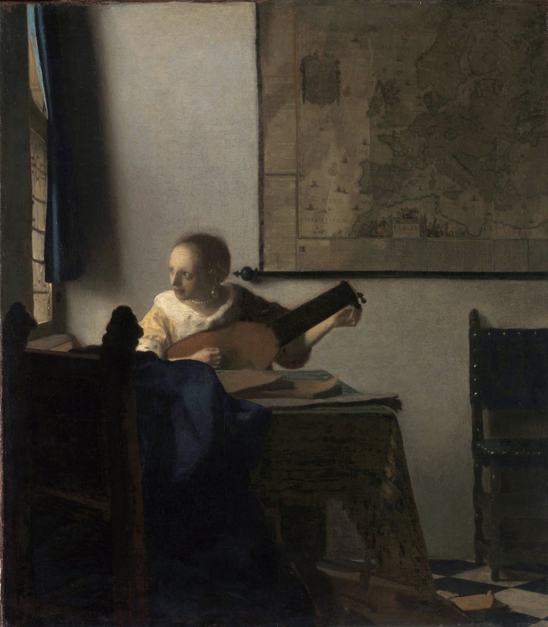 La mujer en el laúd - Pintura de Johannes Vermeer (Vermeer de Delft) (1632-1675), óleo sobre lienzo, circa 1663, 51,4x45,7 cm. El Museo Metropolitano de Arte, Nueva York de Johannes Vermeer