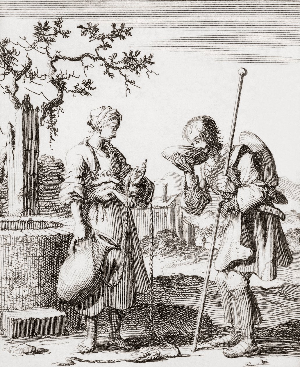 Una mujer da de beber a un peregrino de Jan (after) Luyken