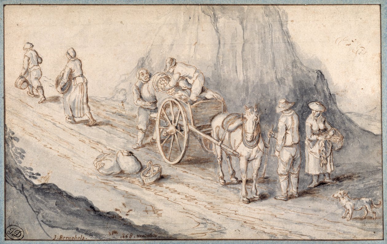Campesinos cargando un carro de un solo caballo con vegetales de raíz de Jan (follower of) Brueghel