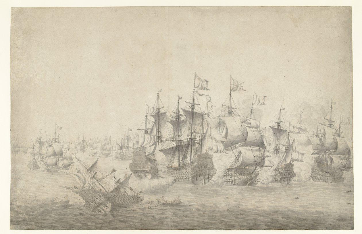 Una batalla naval, posiblemente en Lowestoft el 13 de junio de 1665 (página izquierda) de Jan Abrahamsz. Beerstraten (possibly)