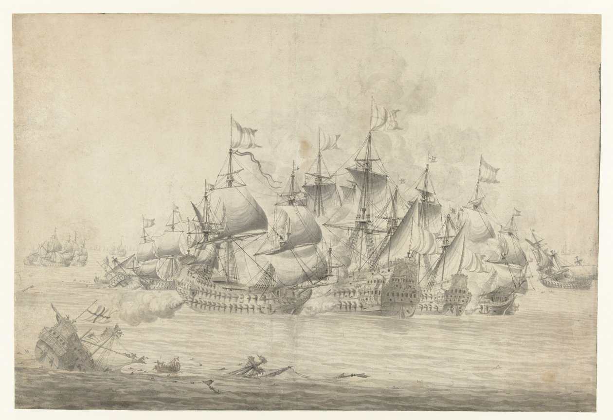 Una batalla naval, posiblemente en Lowestoft el 13 de junio de 1665 (página derecha) de Jan Abrahamsz. Beerstraten (possibly)