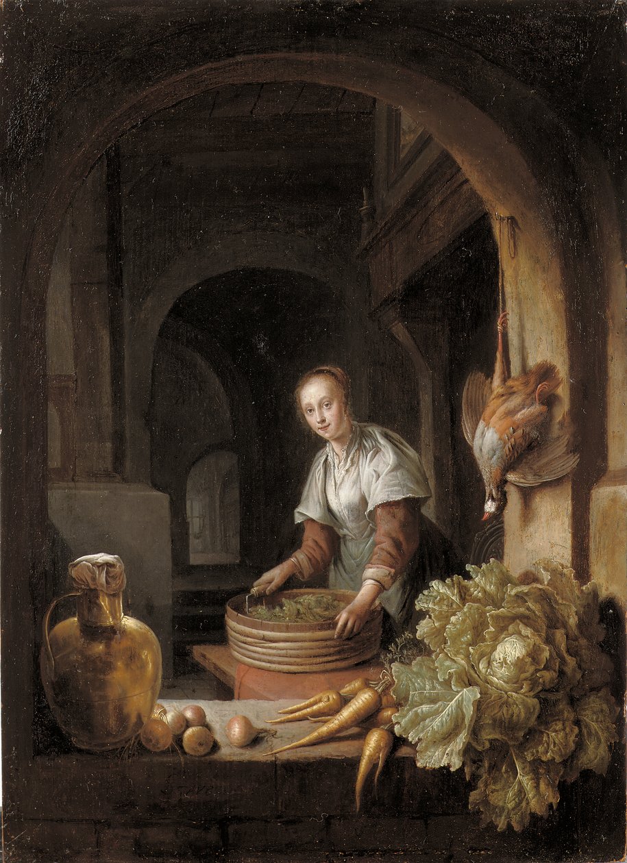 Una criada preparando verduras en una cocina de Jan Adriansz van Staveren